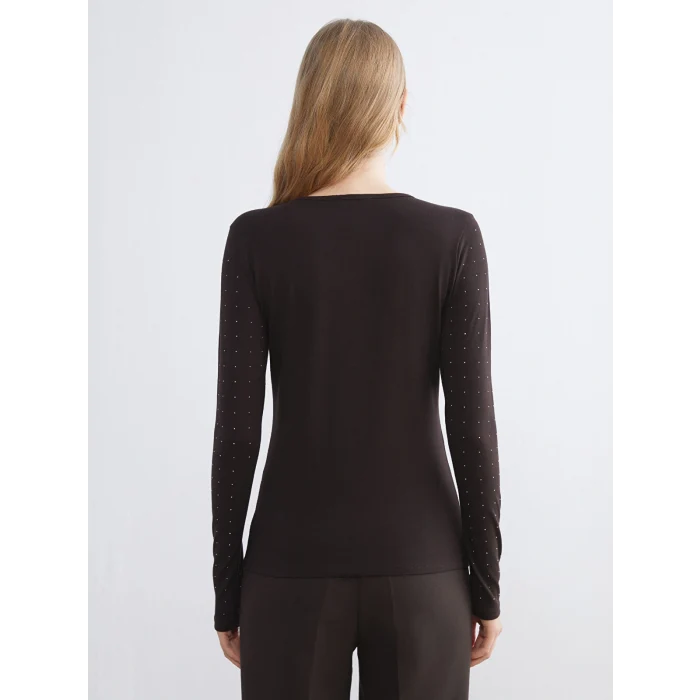 LCWAIKIKI Basic Kahverengi Bisiklet Yaka Taşlı Kadın Tişört