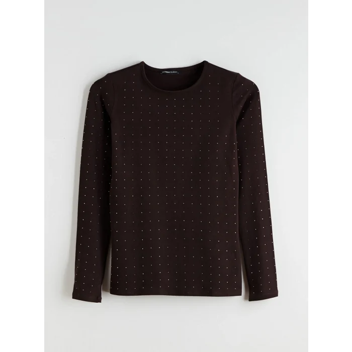 LCWAIKIKI Basic Kahverengi Bisiklet Yaka Taşlı Kadın Tişört