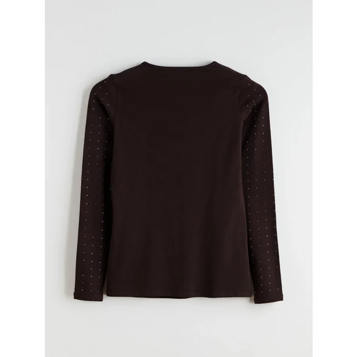 LCWAIKIKI Basic Kahverengi Bisiklet Yaka Taşlı Kadın Tişört