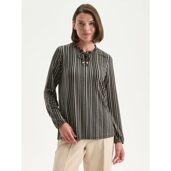 LCW Grace Siyah Bağlamalı Yaka Desenli Bluz