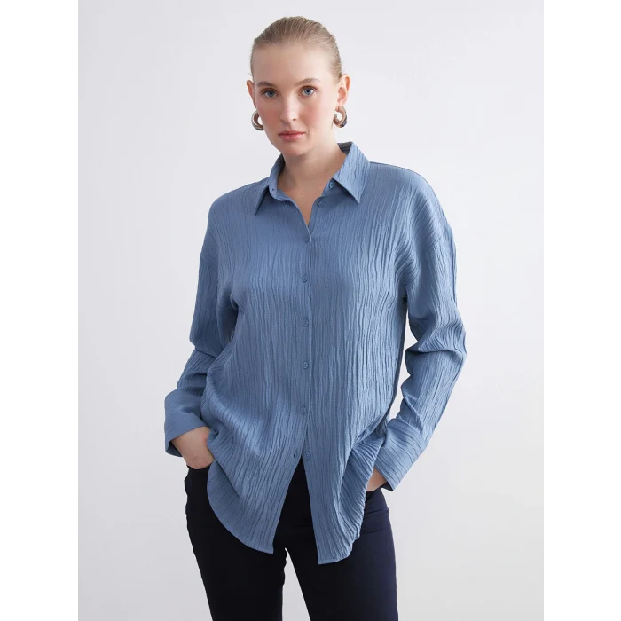 LCWAIKIKI Classic Mavi Dokulu Oversize Kadın Gömlek