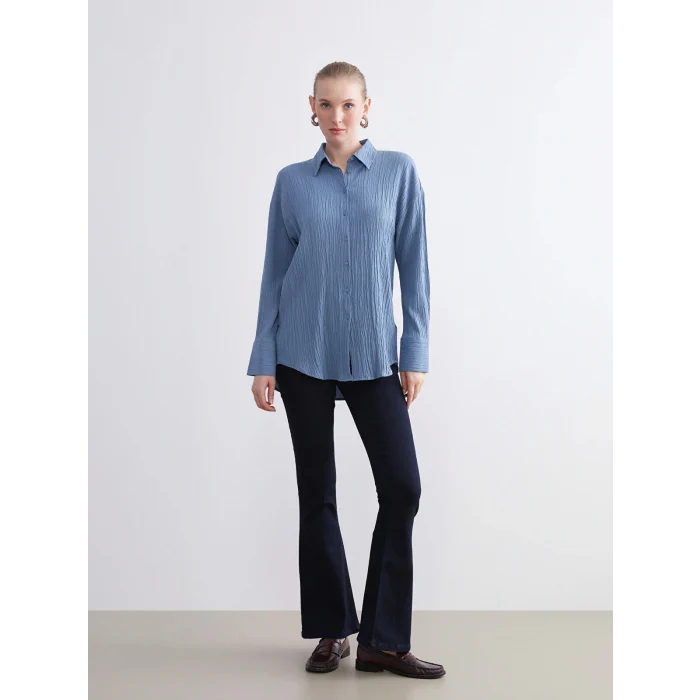 LCWAIKIKI Classic Mavi Dokulu Oversize Kadın Gömlek