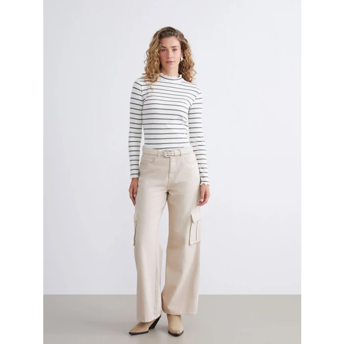 LCW Modest Yeşil Fırfırlı Dik Yaka Çizgili Kadın Body