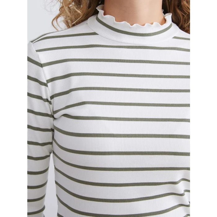 LCW Modest Yeşil Fırfırlı Dik Yaka Çizgili Kadın Body