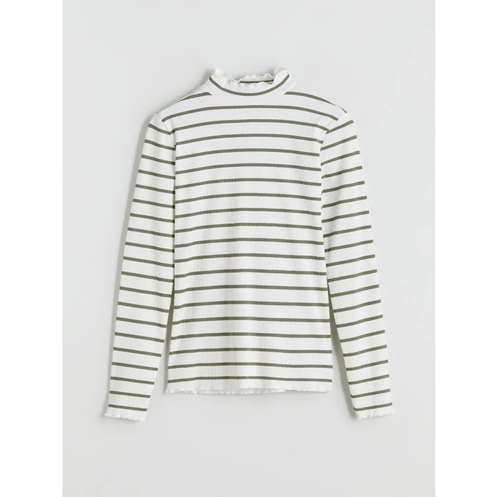 LCW Modest Yeşil Fırfırlı Dik Yaka Çizgili Kadın Body