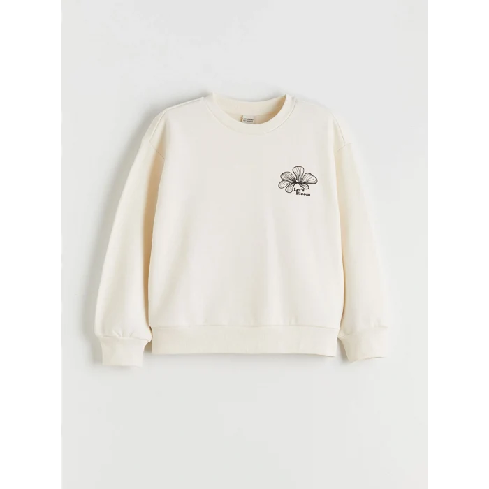LCW Kids Ekru Bisiklet Yaka Çiçekli Kız Çocuk Sweatshirt