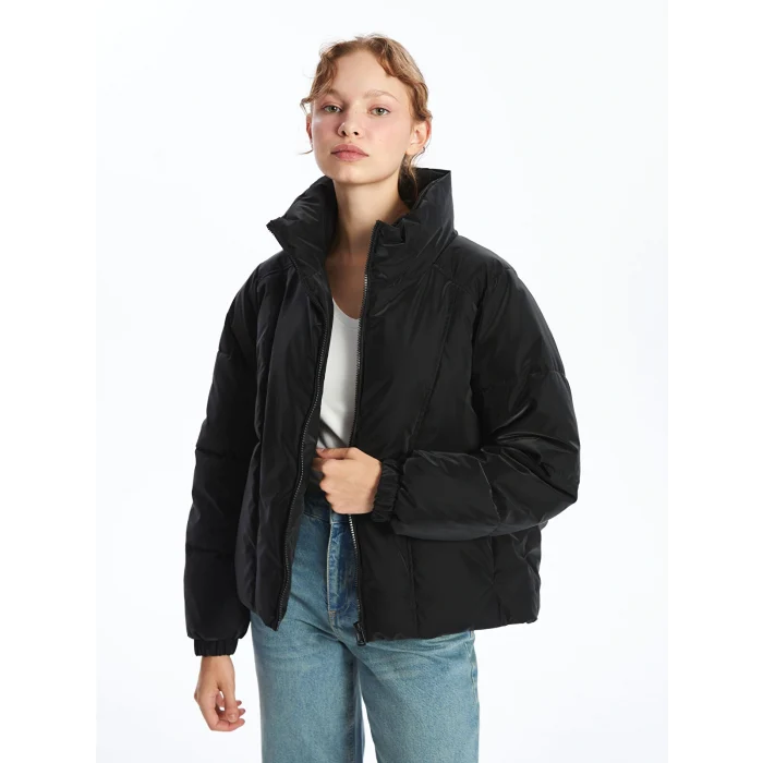 LCW Vision Siyah Dik Yaka Oversize Deri Görünümlü Kadın Şişme Mont