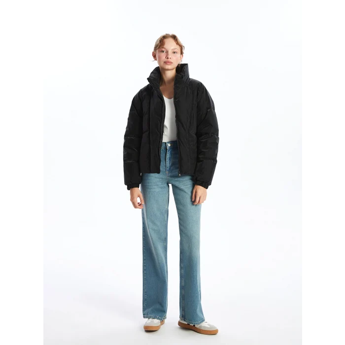 LCW Vision Siyah Dik Yaka Oversize Deri Görünümlü Kadın Şişme Mont