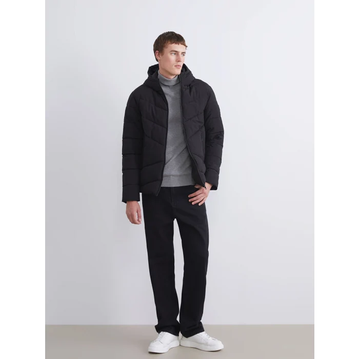 XSIDE Siyah Standart Kalıp Kapüşonlu Erkek Şişme Mont