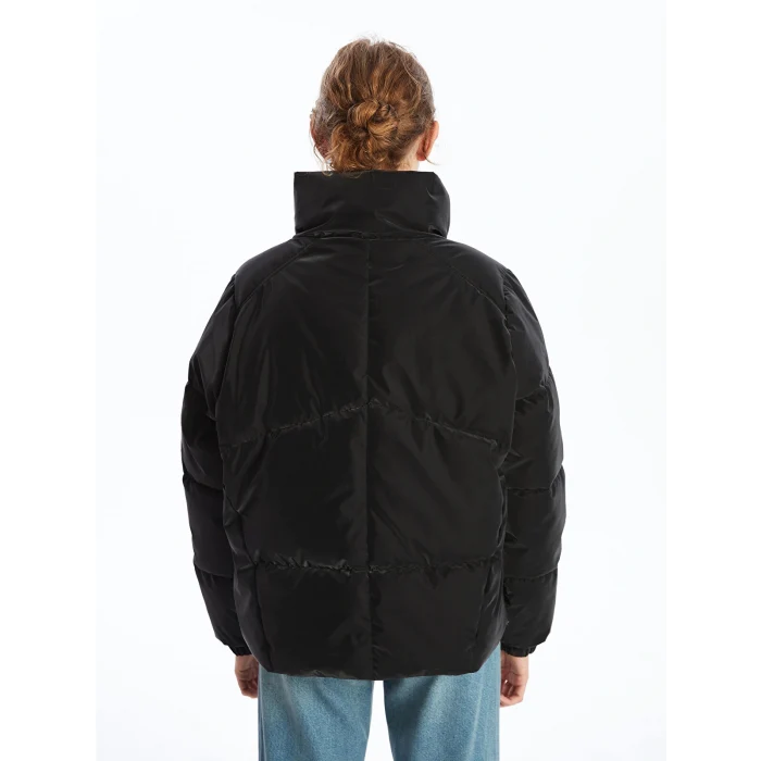 LCW Vision Siyah Dik Yaka Oversize Deri Görünümlü Kadın Şişme Mont