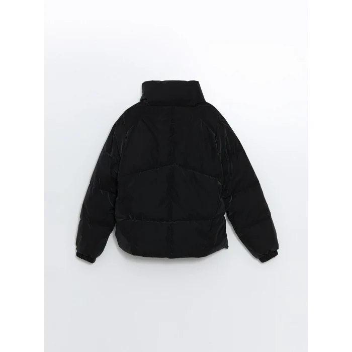 LCW Vision Siyah Dik Yaka Oversize Deri Görünümlü Kadın Şişme Mont