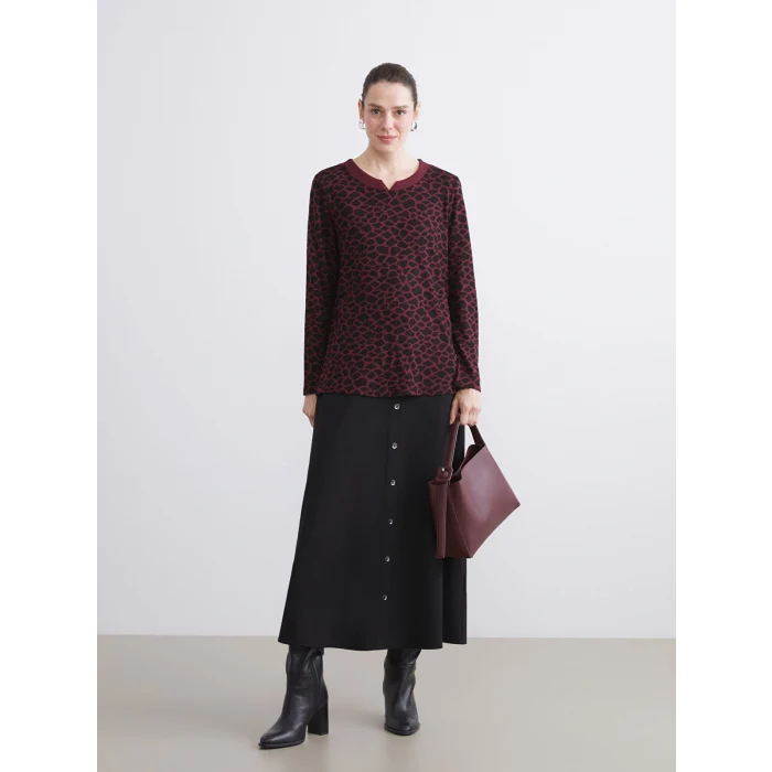 LCW Grace Bordo Bisiklet Yaka Leopar Desenli Kadın Tişört