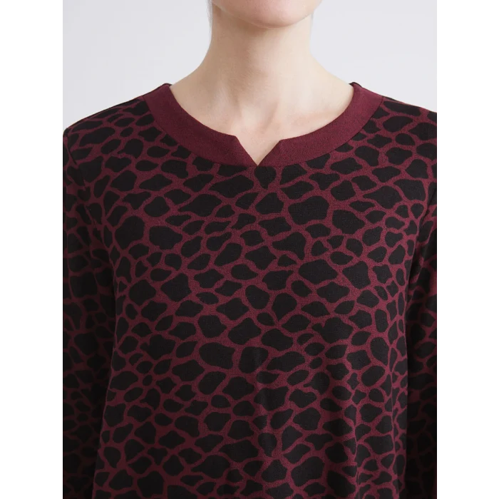 LCW Grace Bordo Bisiklet Yaka Leopar Desenli Kadın Tişört