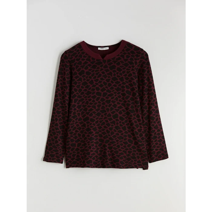 LCW Grace Bordo Bisiklet Yaka Leopar Desenli Kadın Tişört