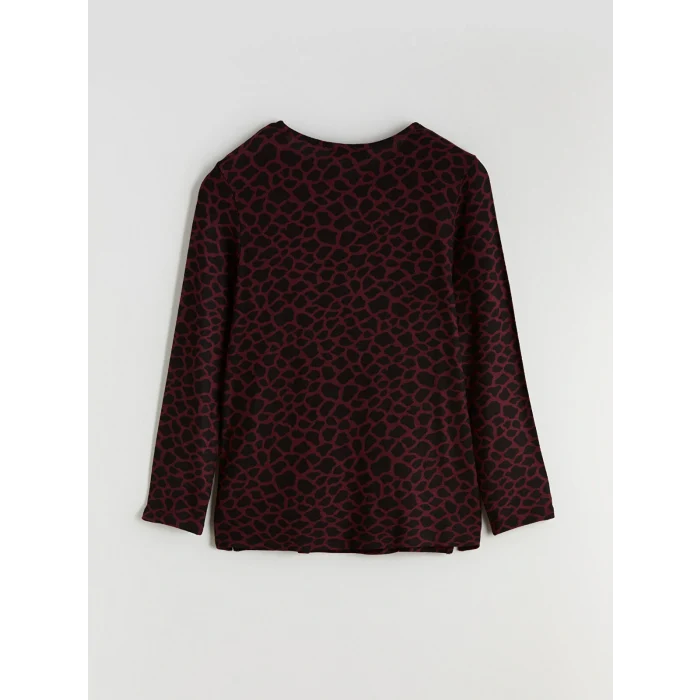 LCW Grace Bordo Bisiklet Yaka Leopar Desenli Kadın Tişört