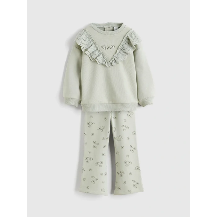 LCW Kids Yeşil Fırfırlı Çiçekli Kız Bebek Sweatshirt ve Tayt