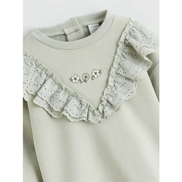 LCW Kids Yeşil Fırfırlı Çiçekli Kız Bebek Sweatshirt ve Tayt