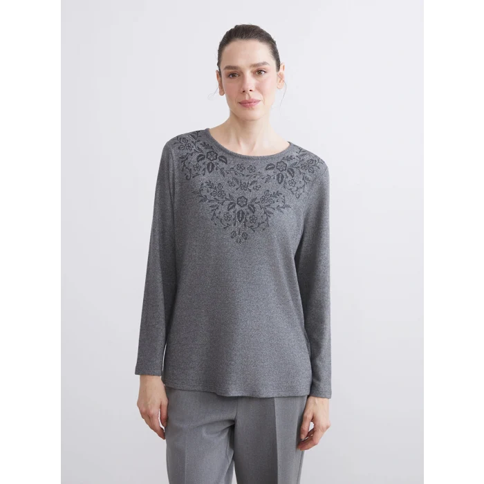LCW Grace Antrasit Bisiklet Yaka Çiçek Nakışlı Bluz