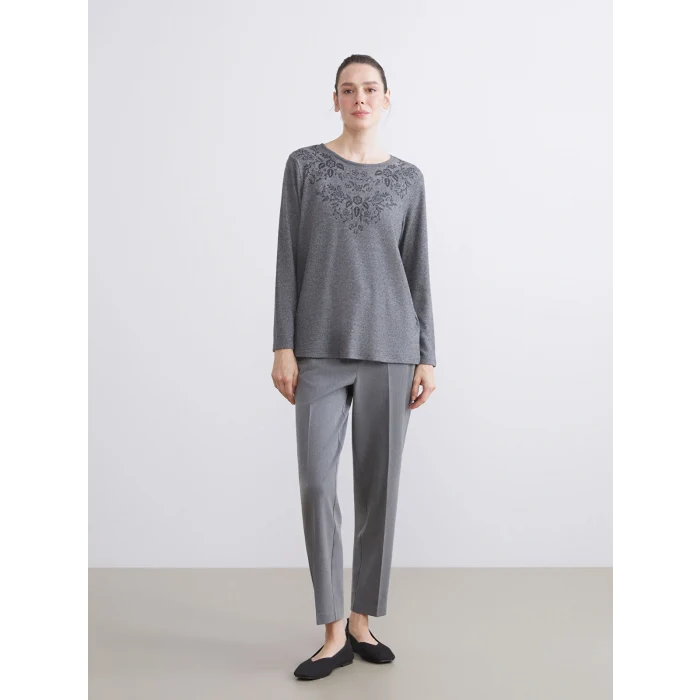 LCW Grace Antrasit Bisiklet Yaka Çiçek Nakışlı Bluz