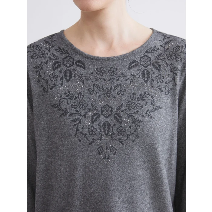 LCW Grace Antrasit Bisiklet Yaka Çiçek Nakışlı Bluz
