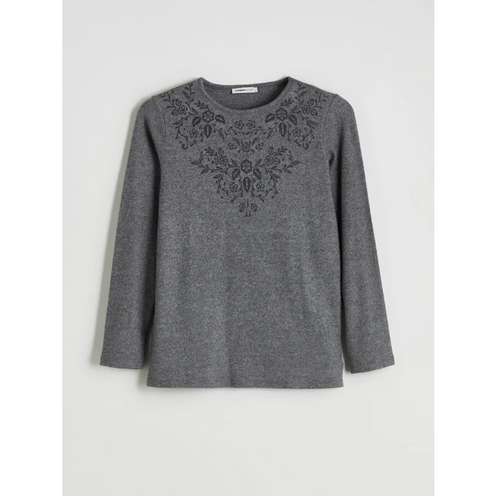 LCW Grace Antrasit Bisiklet Yaka Çiçek Nakışlı Bluz
