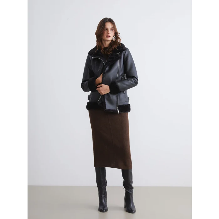 LCW Vision Siyah Biker Yaka Kadın Deri Görünümlü Mont