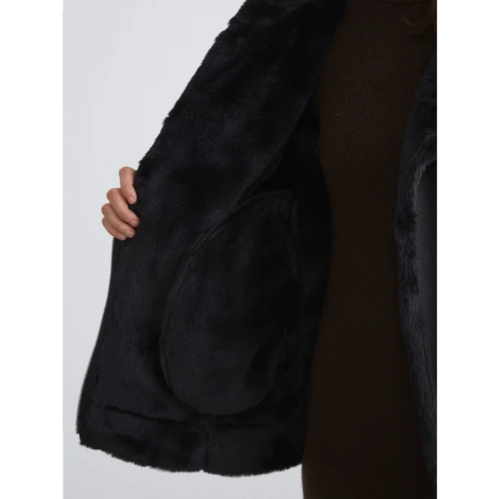 LCW Vision Siyah Biker Yaka Kadın Deri Görünümlü Mont