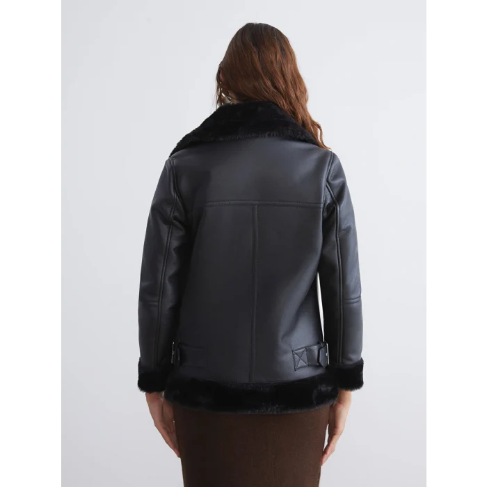 LCW Vision Siyah Biker Yaka Kadın Deri Görünümlü Mont