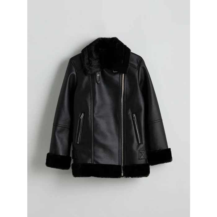 LCW Vision Siyah Biker Yaka Kadın Deri Görünümlü Mont