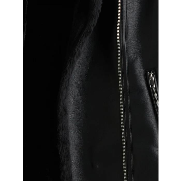 LCW Vision Siyah Biker Yaka Kadın Deri Görünümlü Mont