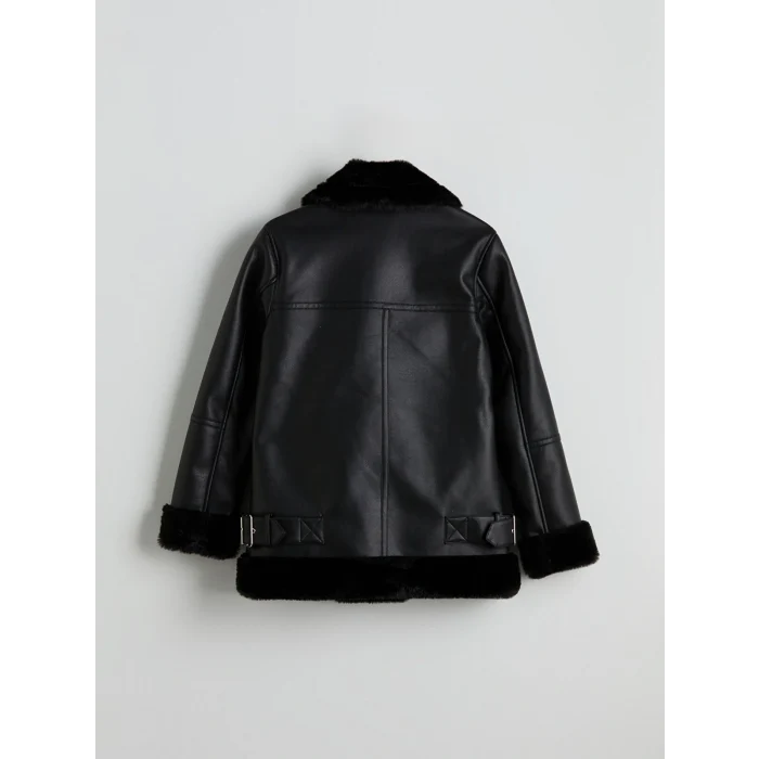 LCW Vision Siyah Biker Yaka Kadın Deri Görünümlü Mont