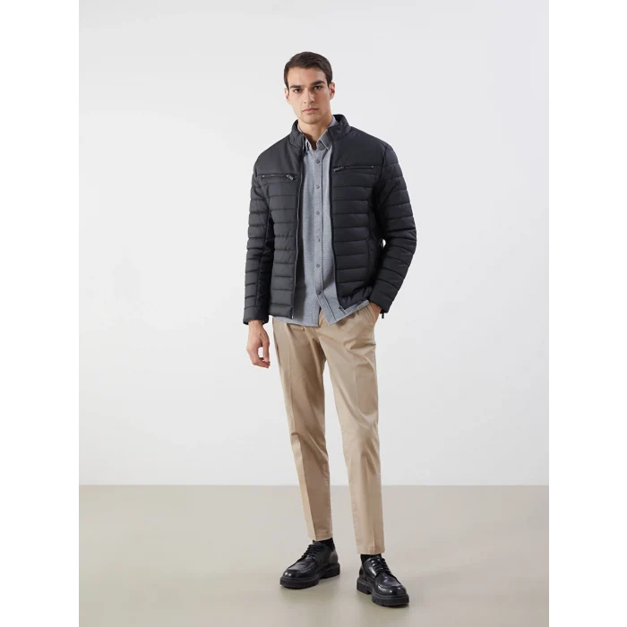 LCW Vision Siyah Slim Fit Dik Yaka Erkek Deri Görünümlü Mont