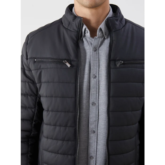 LCW Vision Siyah Slim Fit Dik Yaka Erkek Deri Görünümlü Mont