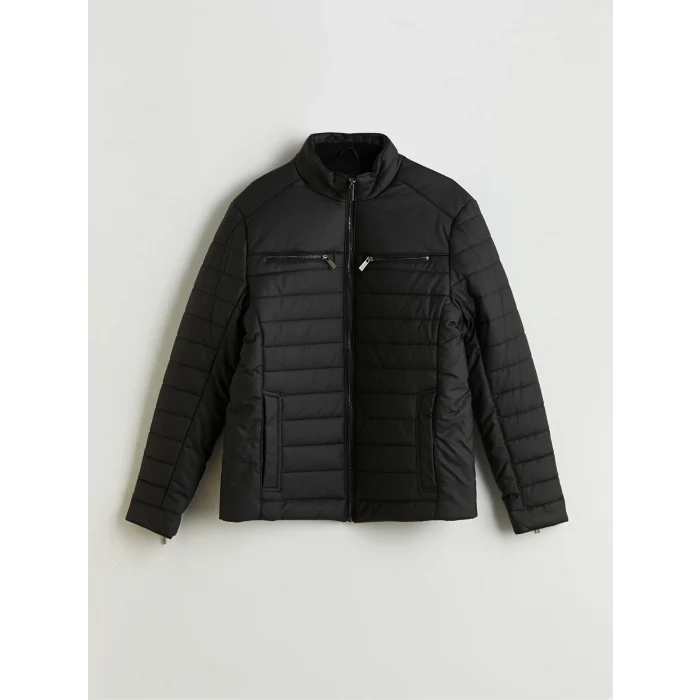 LCW Vision Siyah Slim Fit Dik Yaka Erkek Deri Görünümlü Mont