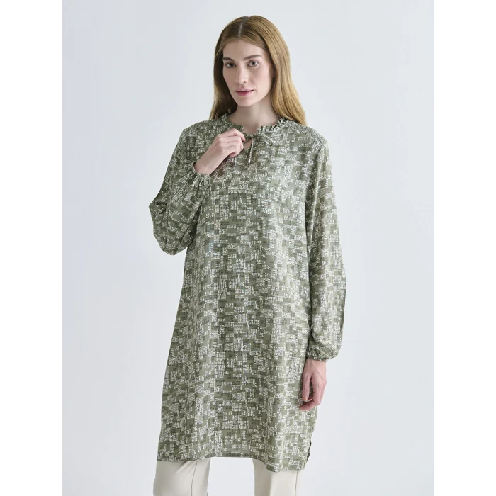 LCW Grace Haki Fırfırlı Bağlamalı Yaka Desenli Kadın Tunik