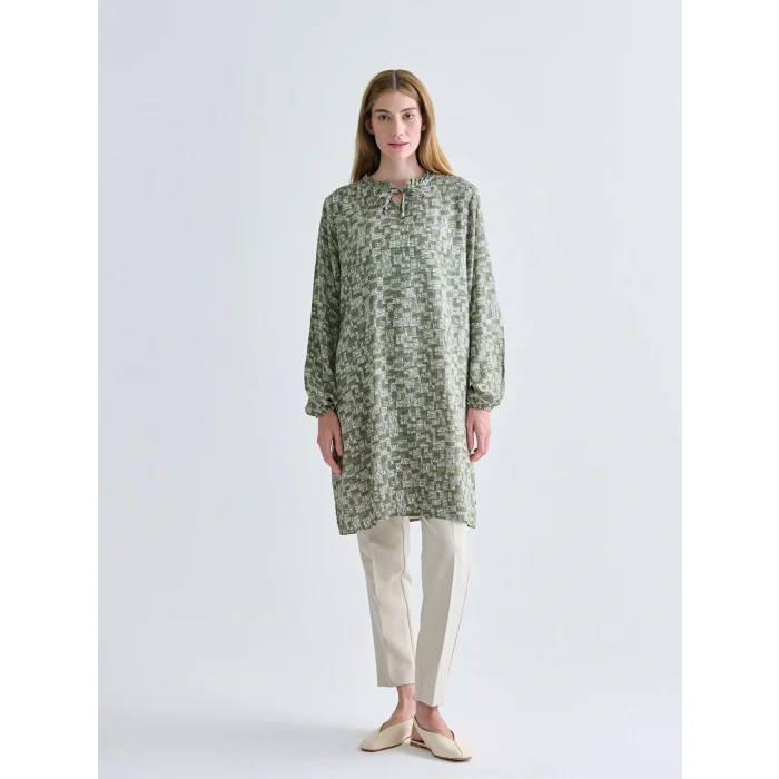 LCW Grace Haki Fırfırlı Bağlamalı Yaka Desenli Kadın Tunik