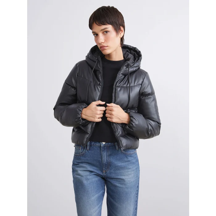 LCW Vision Siyah Kadın Kapüşonlu Düz Şişme Mont