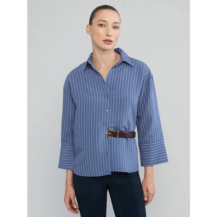 LCWAIKIKI Classic İndigo Çizgili Oversize Kadın Gömlek