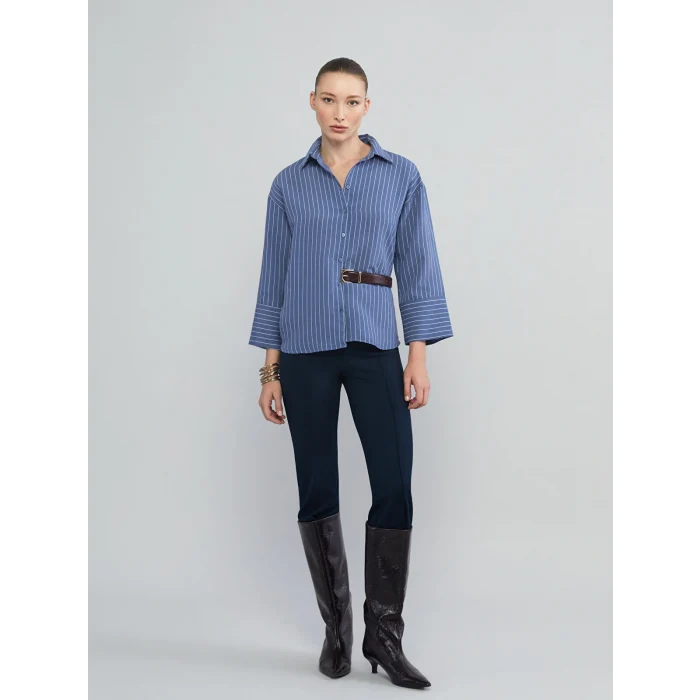 LCWAIKIKI Classic İndigo Çizgili Oversize Kadın Gömlek