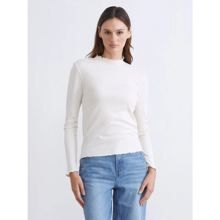 LCW Modest Ekru Fırfırlı Dik Yaka Kadın Body