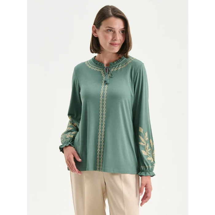 LCW Grace Yeşil Fırfırlı Bağlamalı Yaka Desenli Bluz