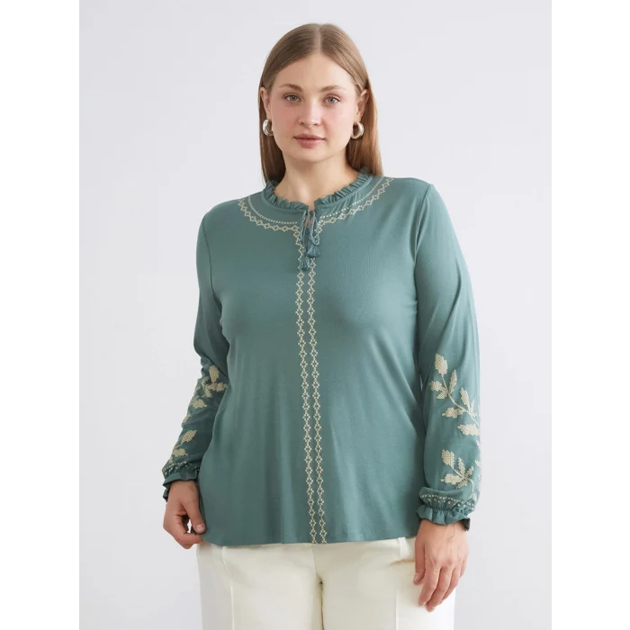 LCW Grace Yeşil Fırfırlı Bağlamalı Yaka Desenli Bluz