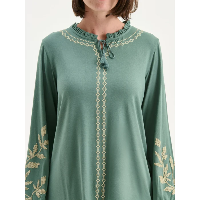 LCW Grace Yeşil Fırfırlı Bağlamalı Yaka Desenli Bluz