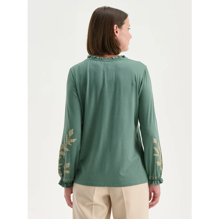 LCW Grace Yeşil Fırfırlı Bağlamalı Yaka Desenli Bluz