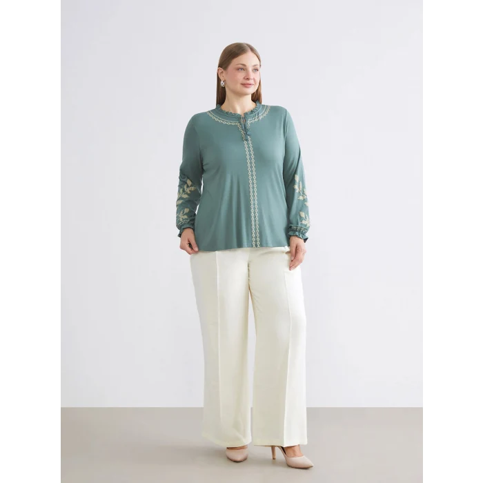 LCW Grace Yeşil Fırfırlı Bağlamalı Yaka Desenli Bluz