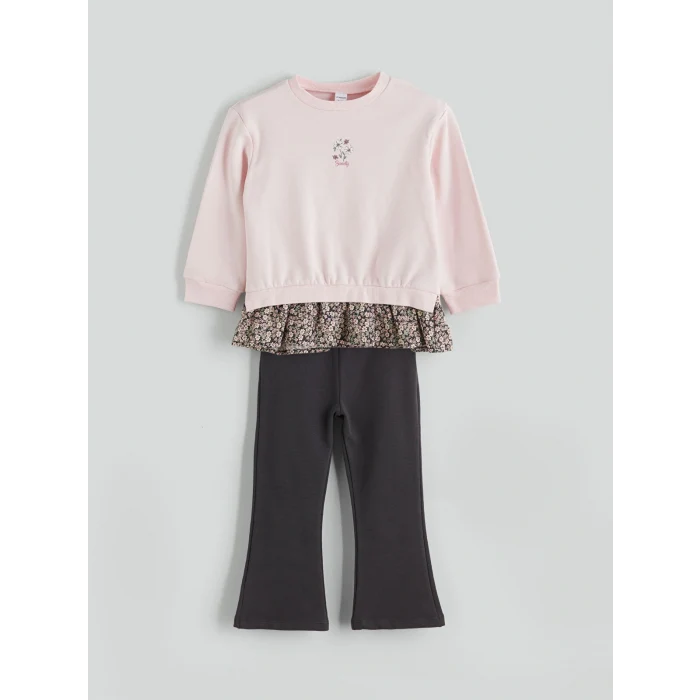 LCW Kids Pembe Çiçek Nakışlı Kız Çocuk Sweatshirt ve Pantolon 2li