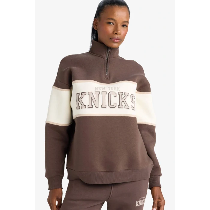 Defacto E9693AXBN335 Kahve DeFactoFit NBA New York Knicks Oversize Geniş Kalıp Yarım Fermuarlı Sporcu Sweatshirt