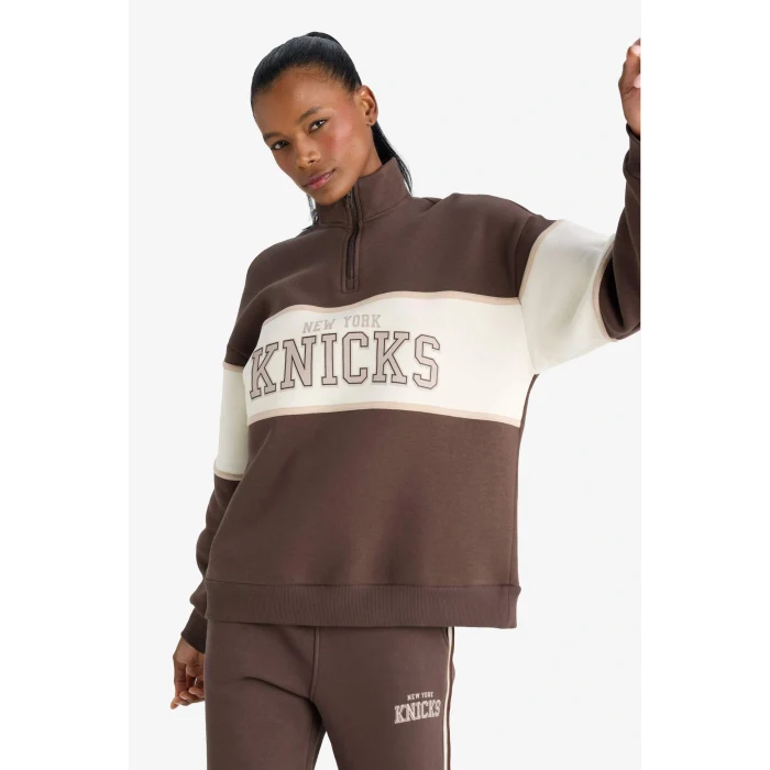Defacto E9693AXBN335 Kahve DeFactoFit NBA New York Knicks Oversize Geniş Kalıp Yarım Fermuarlı Sporcu Sweatshirt
