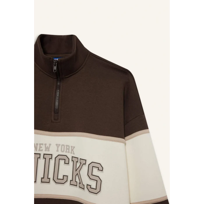 Defacto E9693AXBN335 Kahve DeFactoFit NBA New York Knicks Oversize Geniş Kalıp Yarım Fermuarlı Sporcu Sweatshirt