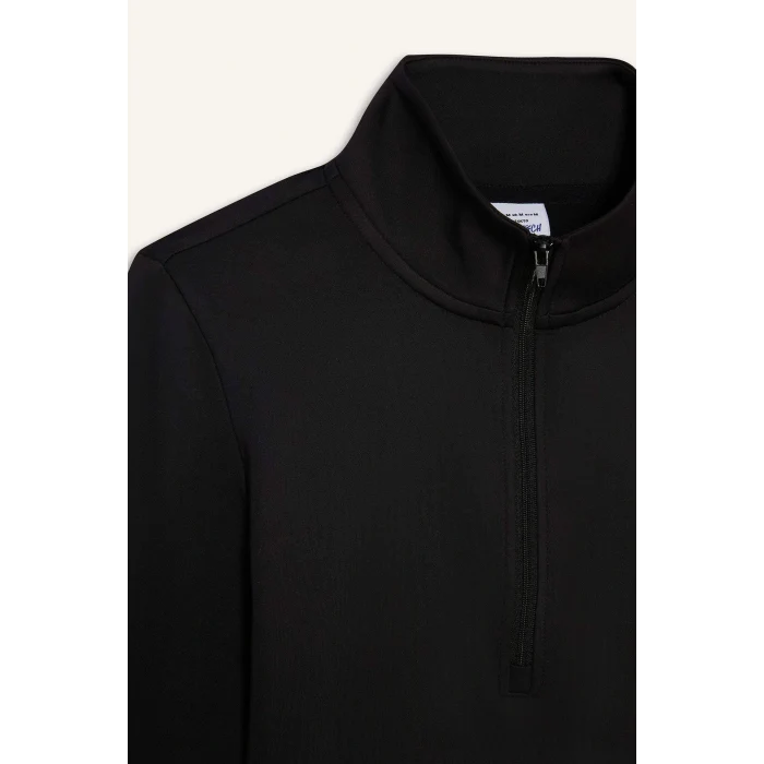 Defacto W0343AZBK81 Siyah DeFactoFit Slim Fit Dar Kesim Fermuarlı Dik Yaka İçi Yumuşak Tüylü Esnek Kumaş Uzun Kollu Tişört